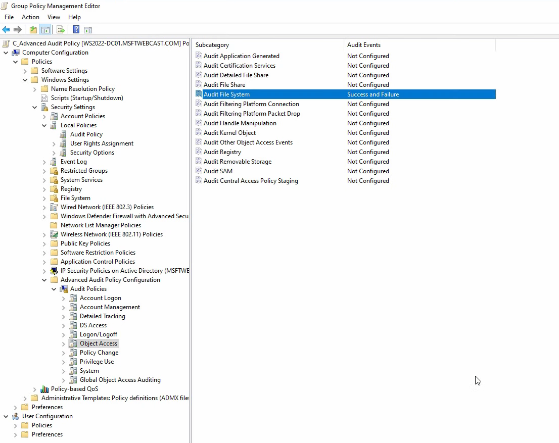 Advanced Audit Policy Configuration Object Access node with Audit File System set to Success and Failure