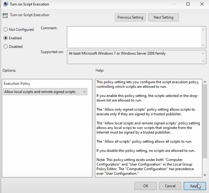 Turn on Script Execution policy dialog set to Enabled with Allow local scripts and remote signed scripts