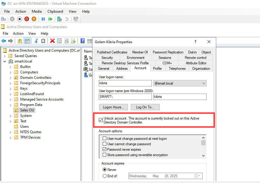 Active Directory Users and Computers user properties Account tab with Unlock account checkbox visible