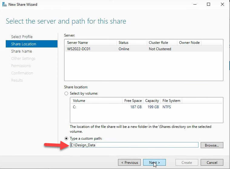 New Share Wizard Share Location screen with custom path.