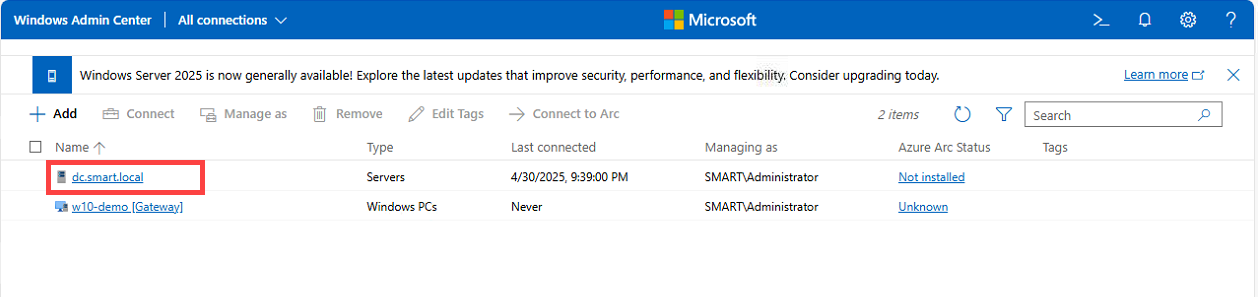 Domain Controller connection page in WAC with Active Directory in the Tools pane.