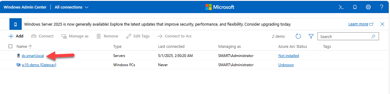 WAC home page with the DNS server connection target selected.