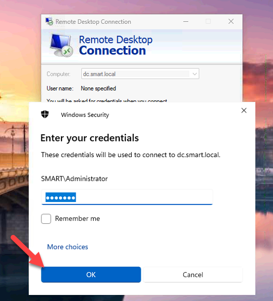 Remote Desktop Connection prompting for SMART domain administrator credentials for dc.smart.local.