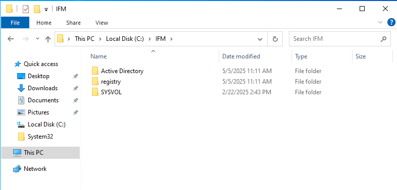 C:\IFM folder populated with Active Directory, Registry, and SYSVOL subfolders after the ntdsutil export.