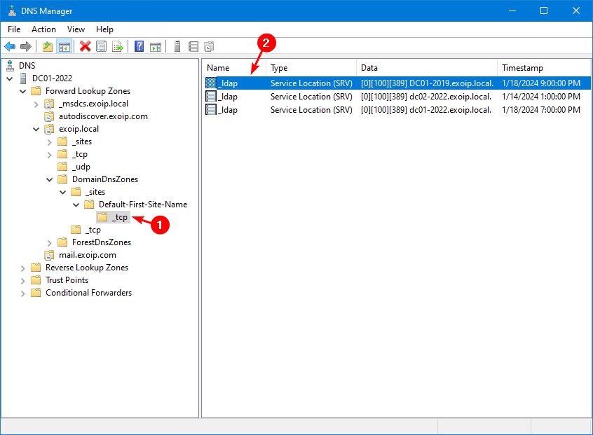 DNS Manager showing _ldap _tcp SRV records under Default-First-Site-Name with one stale entry referencing the demoted DC
