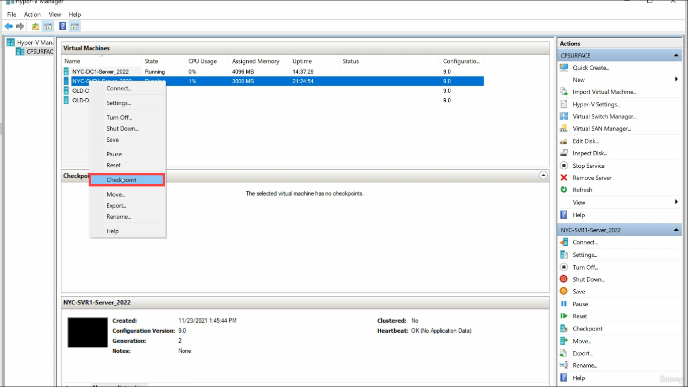 Hyper-V Manager right-click context menu Checkpoint highlighted