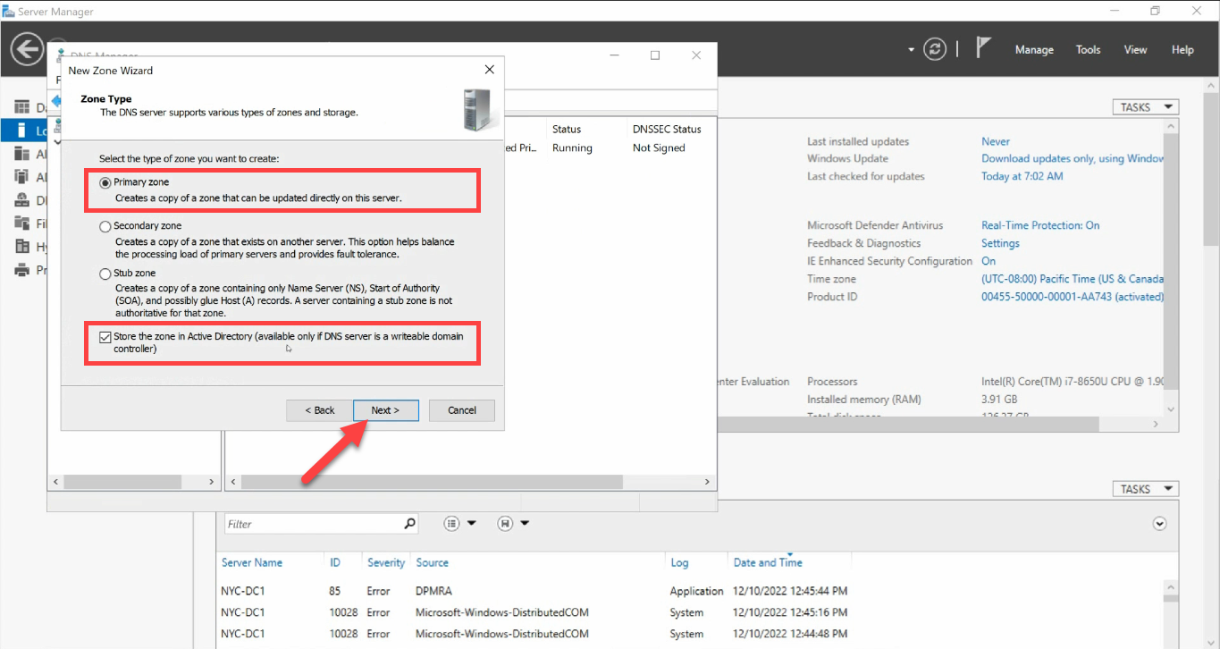 Zone Type Primary zone with Store in AD checkbox