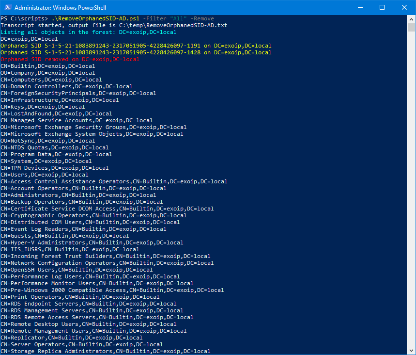 PowerShell output showing orphaned SIDs being removed from AD ACLs