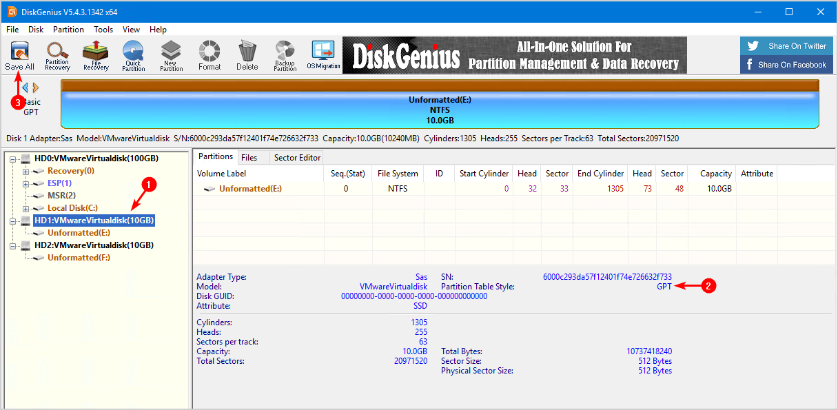 DiskGenius interface with the disk now reporting GPT and the Save All button highlighted