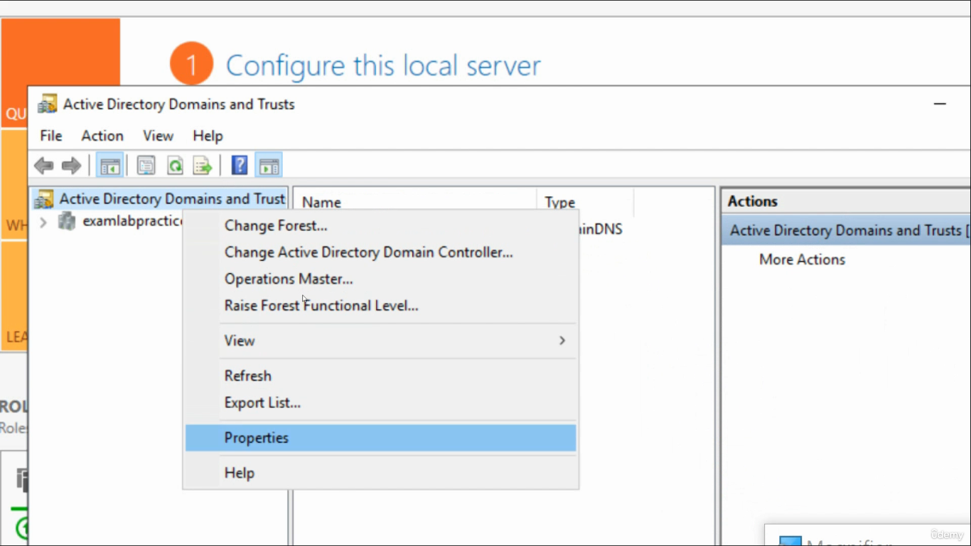 Active Directory Domains and Trusts MMC right-click context menu on the top-level node showing Properties highlighted