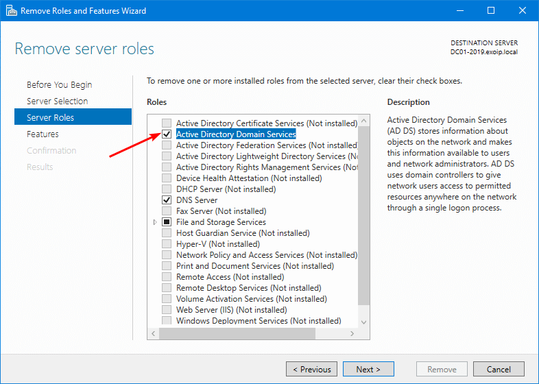 Server Roles page with Active Directory Domain Services checkbox active
