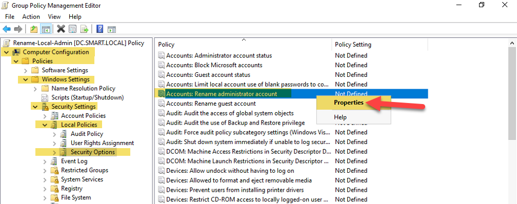 GPME with the navigation path Computer Configuration Policies Windows Settings Security Settings Local Policies Security Options and the Accounts Rename administrator account policy highlighted