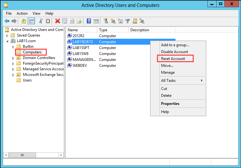 Active Directory Users and Computers right-click context menu with Reset Account option visible