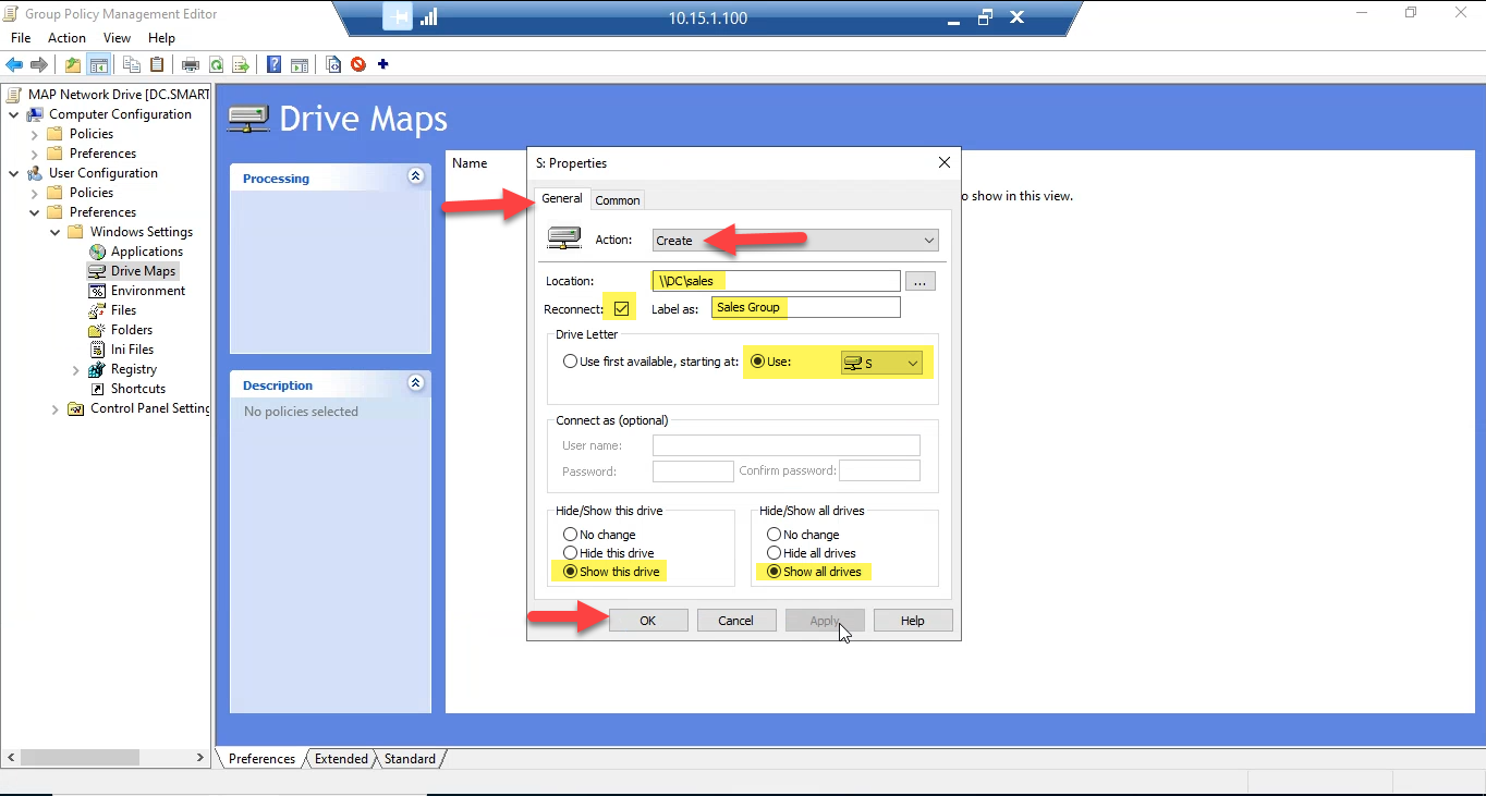 New Drive Map Properties dialog with Action set to Create, Location pointing to a UNC path, Reconnect checked, drive letter S, and Show this drive options selected