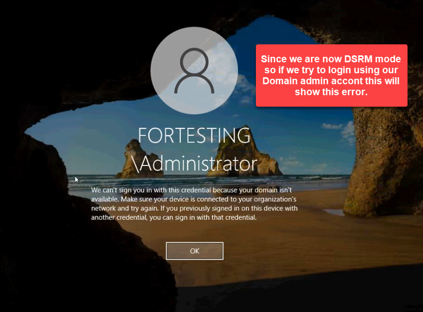 Windows logon screen in DSRM mode rejecting a domain administrator account