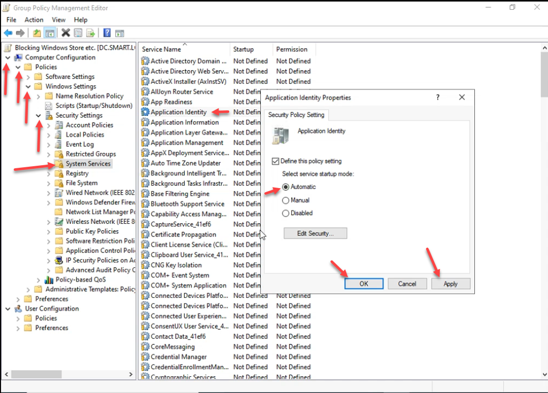 GPO Editor at Computer Configuration Windows Settings Security Settings System Services with Application Identity properties open