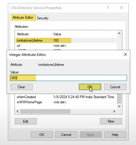 CN=Directory Service Properties Attribute Editor with tombstoneLifetime selected and the Integer Attribute Editor open with value 365