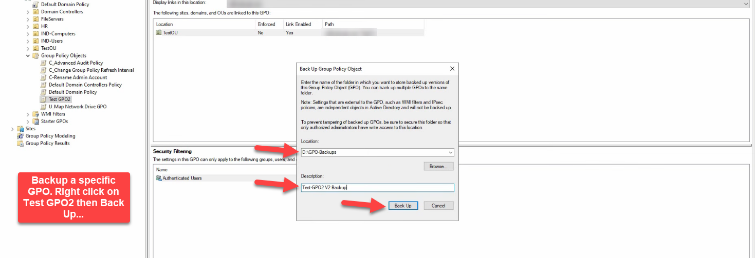 File Explorer showing D:\\GPO-Backups with one GUID-named subfolder per GPO and shared manifest XML files
