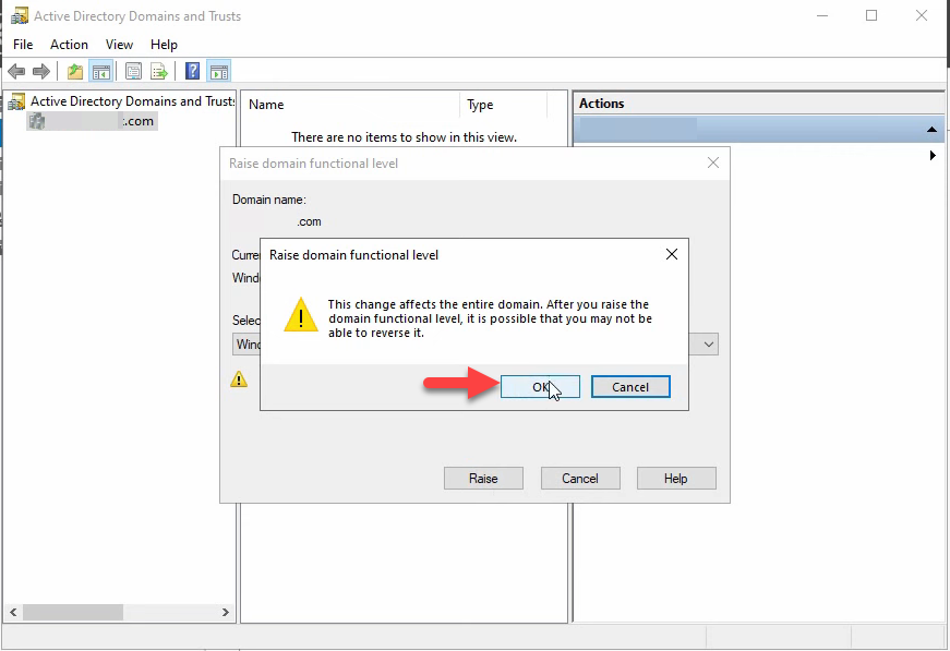 Raise domain functional level confirmation dialog warning the change affects the entire domain and may not be reversible
