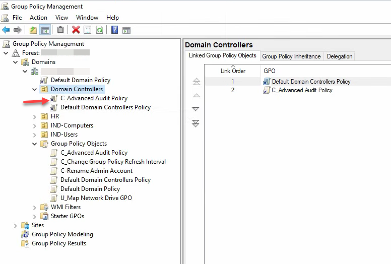 GPMC tree showing the C_Advanced Audit Policy GPO linked to the Domain Controllers OU with Link Order 2