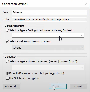 ADSI Edit Connection Settings dialog with Select a well known Naming Context set to Schema
