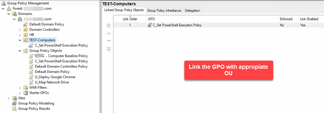 GPMC tree showing the new GPO linked under the Test Computers OU