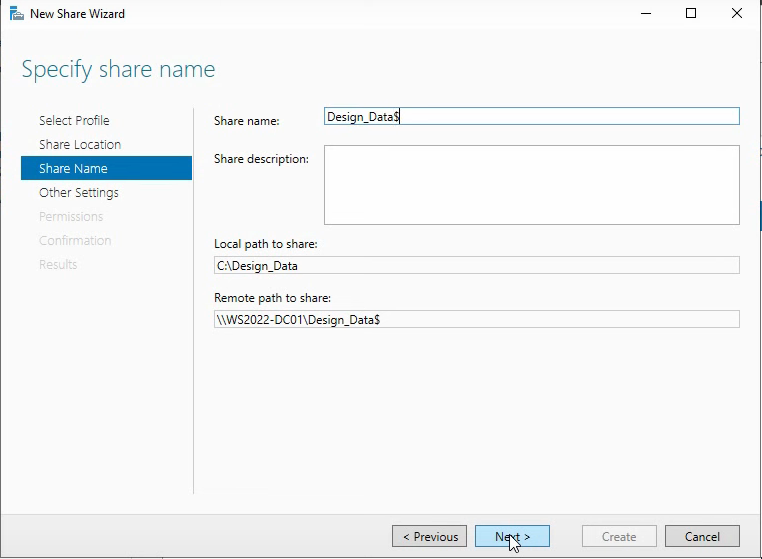 New Share Wizard Share Name screen.