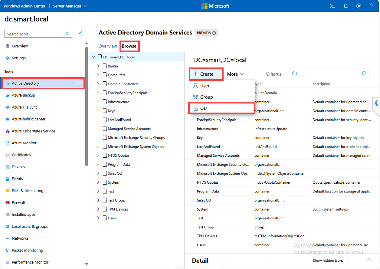 Create Organizational Unit dialog in the WAC AD extension.