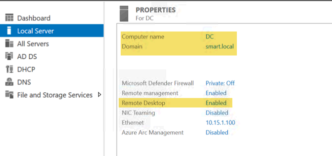 Server Manager Local Server panel on DC showing Remote Desktop status Enabled.