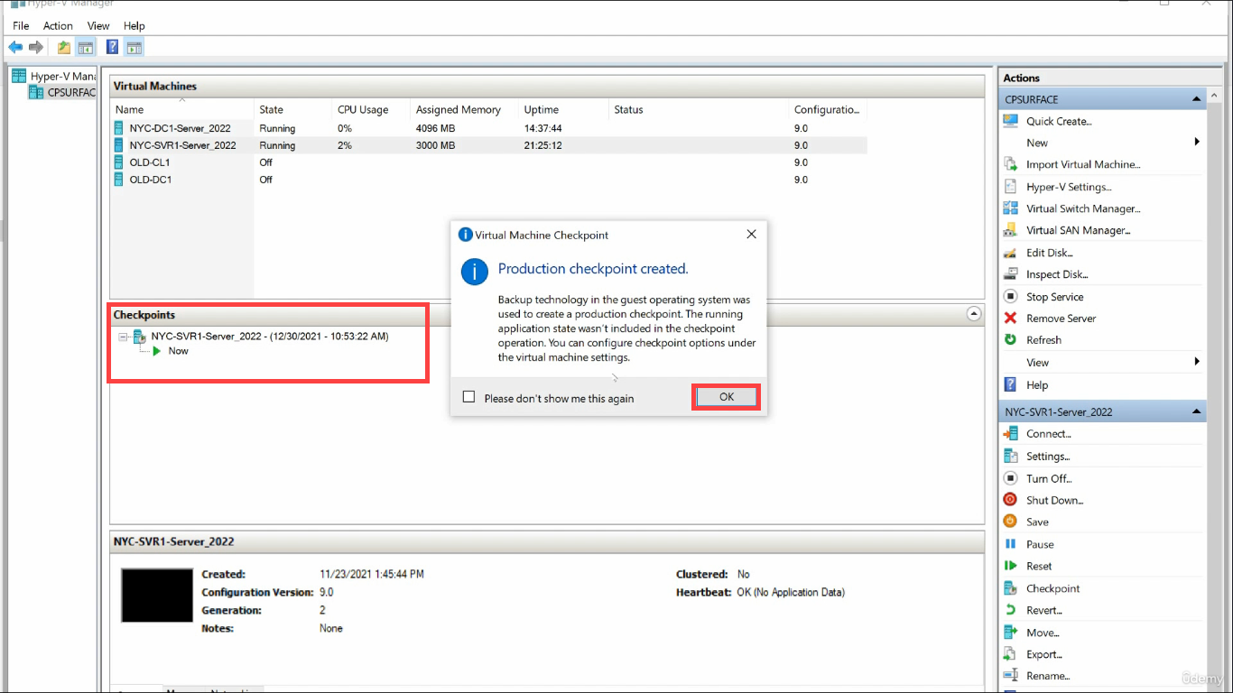 Production checkpoint created success dialog and timestamp