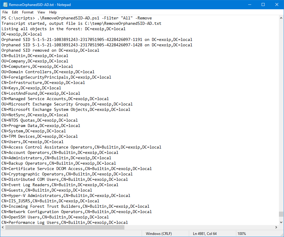 Contents of the transcript log after the remove operation