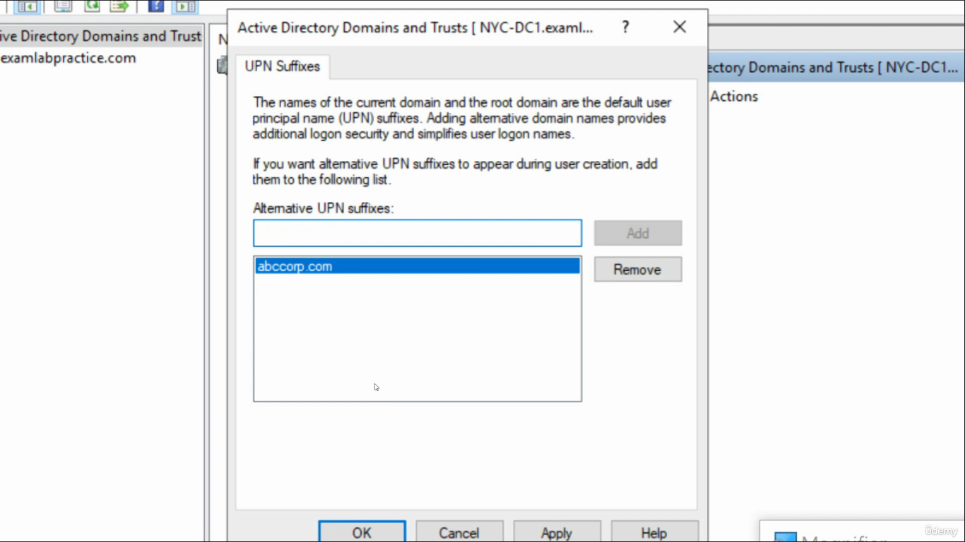 Active Directory Domains and Trusts Properties dialog UPN Suffixes tab with infotechninja.com listed under Alternative UPN suffixes