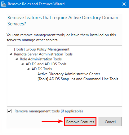 Remove features that require AD DS confirmation dialog