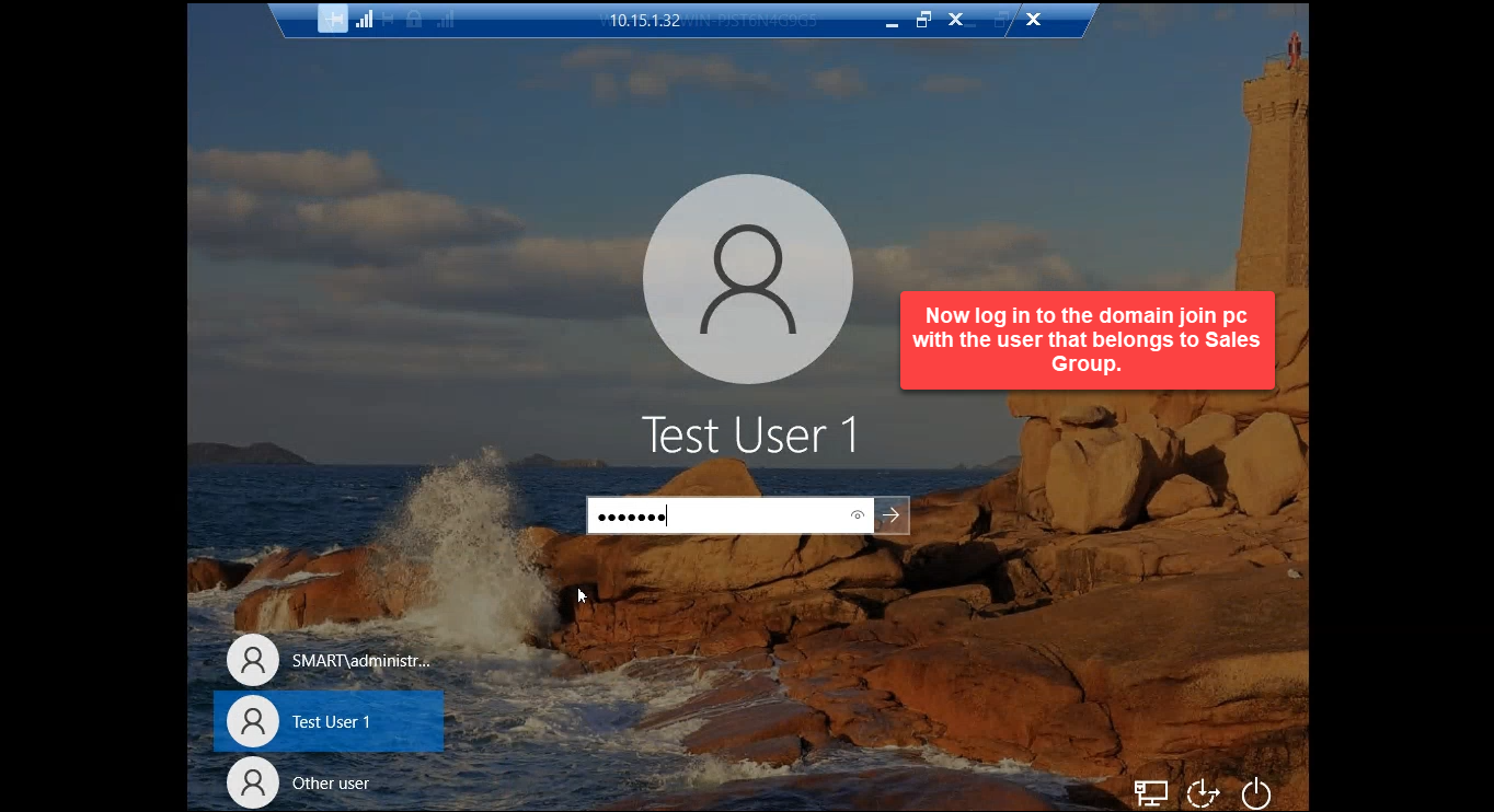 Windows logon screen with a domain user signing in to a domain-joined PC