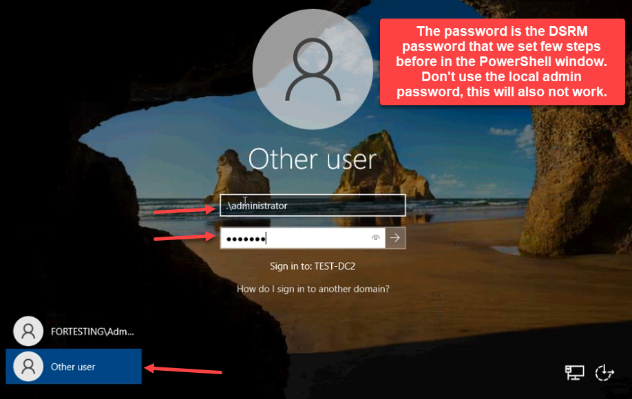 Windows logon screen with Other user selected and .\\administrator typed in the username field
