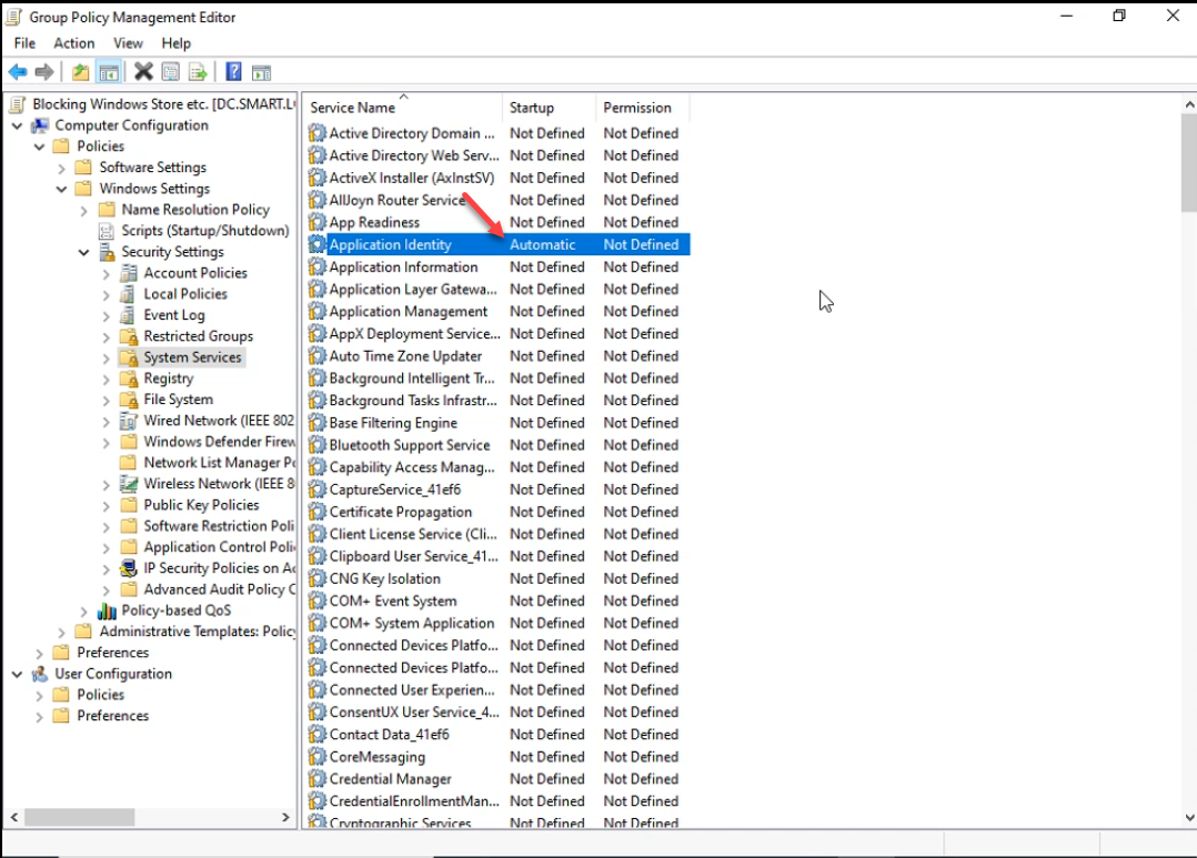 GPO Editor System Services list showing Application Identity service set to Automatic