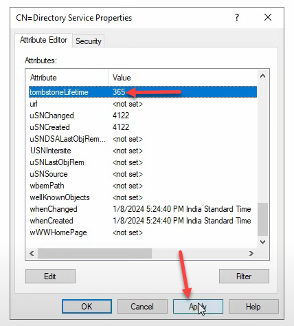 CN=Directory Service Properties Attribute Editor showing tombstoneLifetime now 365 with Apply button highlighted