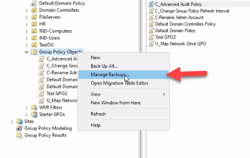 GPMC tree expanded to Group Policy Objects with Test GPO2 selected