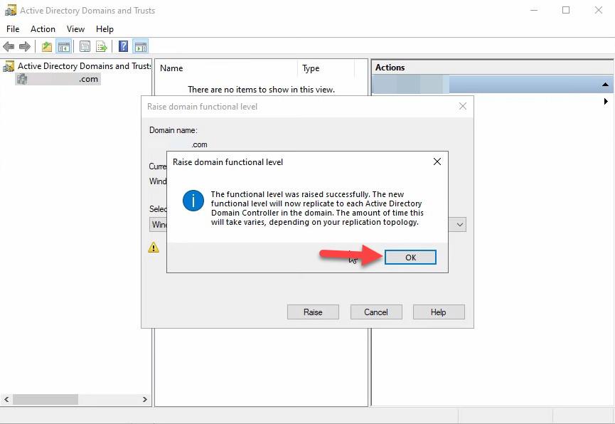 Raise domain functional level success dialog confirming the change replicated to each Active Directory Domain Controller
