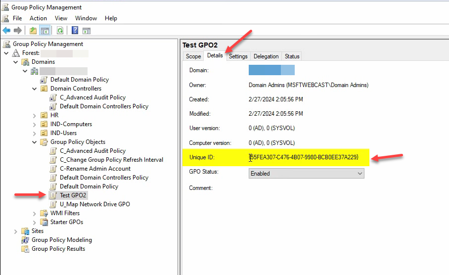 GPMC Details tab for the newly-created Test GPO 2 showing the Unique ID GUID