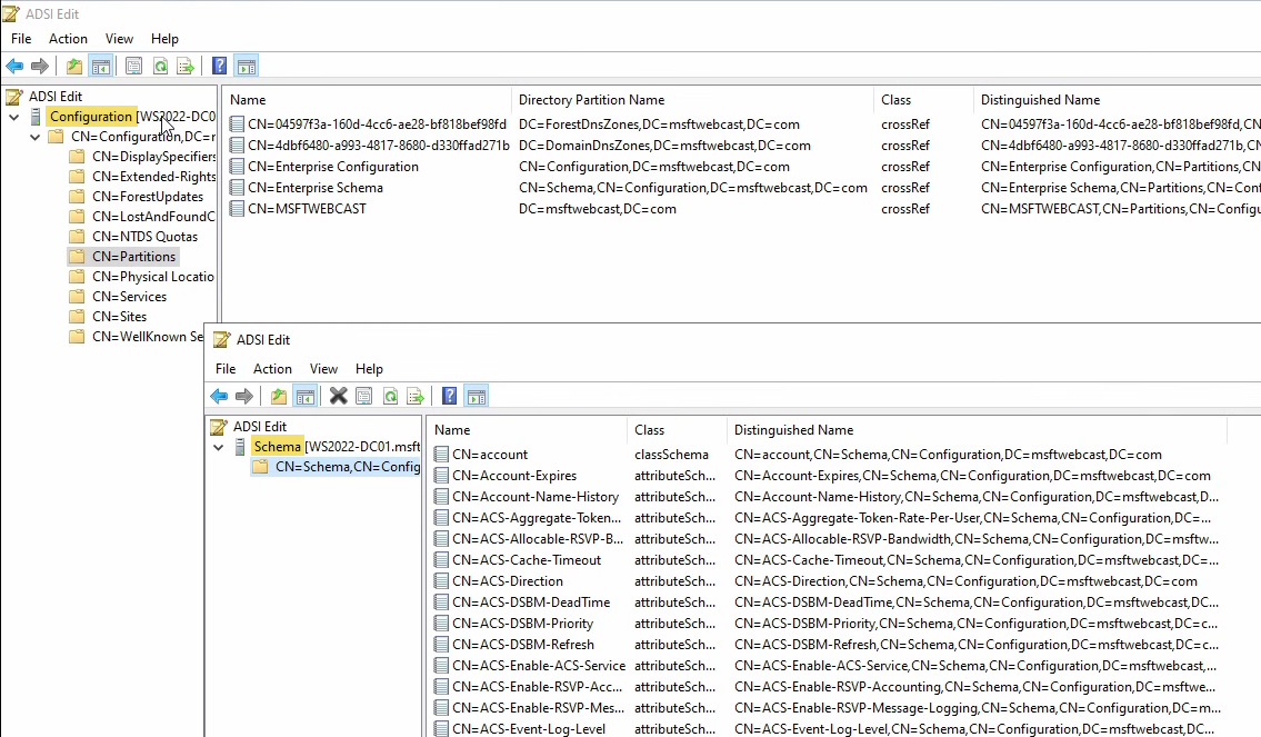 ADSI Edit at CN=Schema showing classSchema and attributeSchema objects defining user, computer, group object types