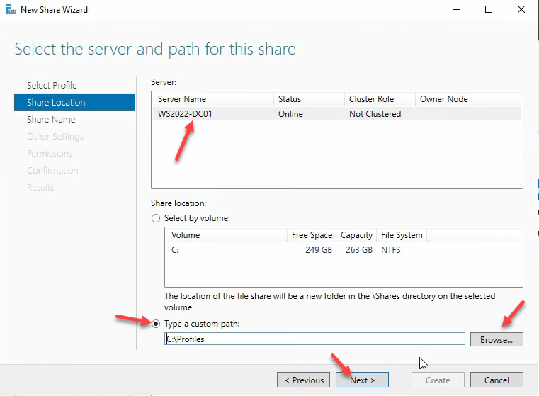 Step 6 of the roaming-profile setup workflow on Windows Server 2022