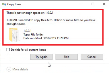 Windows Copy Item error dialog stating there is not enough space on the destination, FSRM hard quota blocking the write