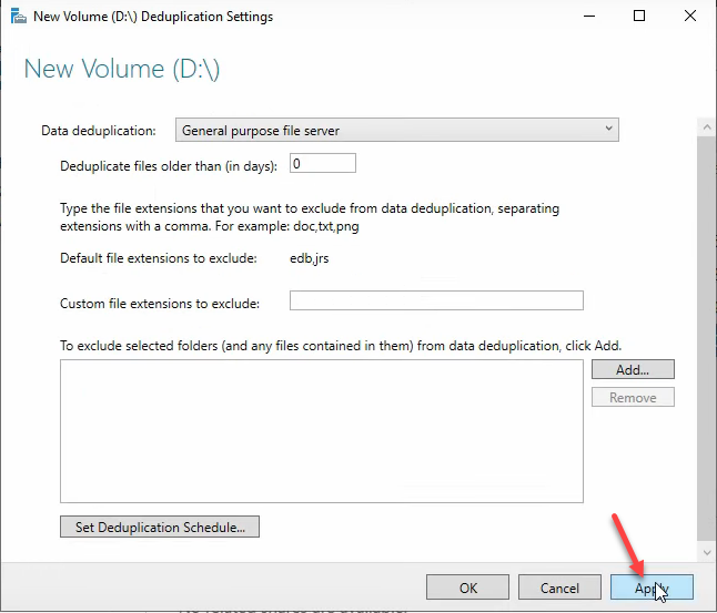 Server Manager Volumes pane showing Data Deduplication enabled on Volume D.