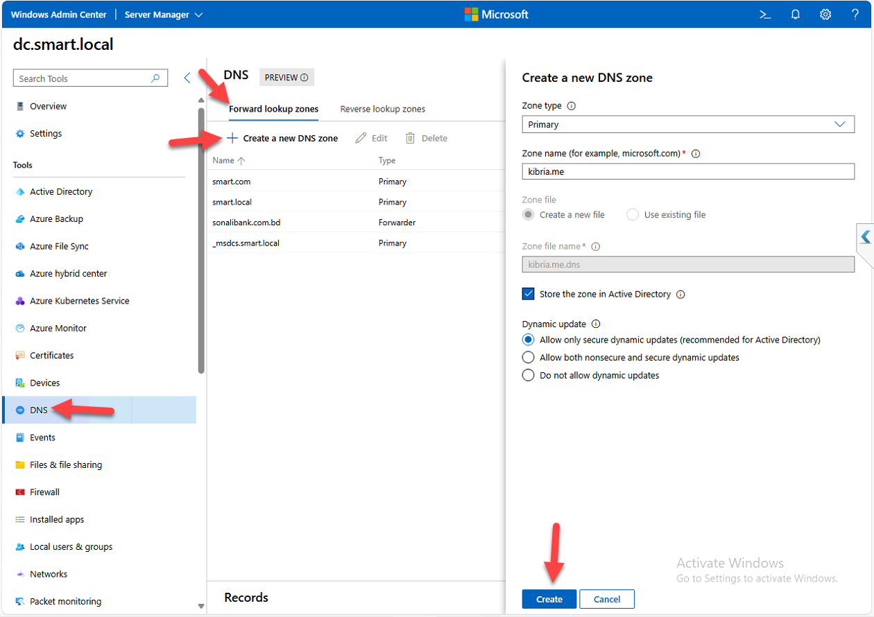 Forward Lookup Zone creation dialog in the Windows Admin Center DNS extension.