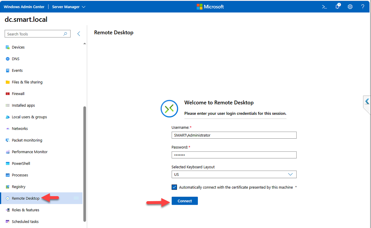WAC built-in Remote Desktop tool sign-in form for dc.smart.local.
