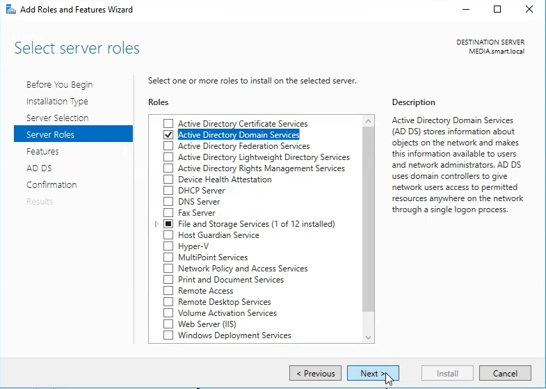Add Roles and Features wizard with Active Directory Domain Services checked on DC2.