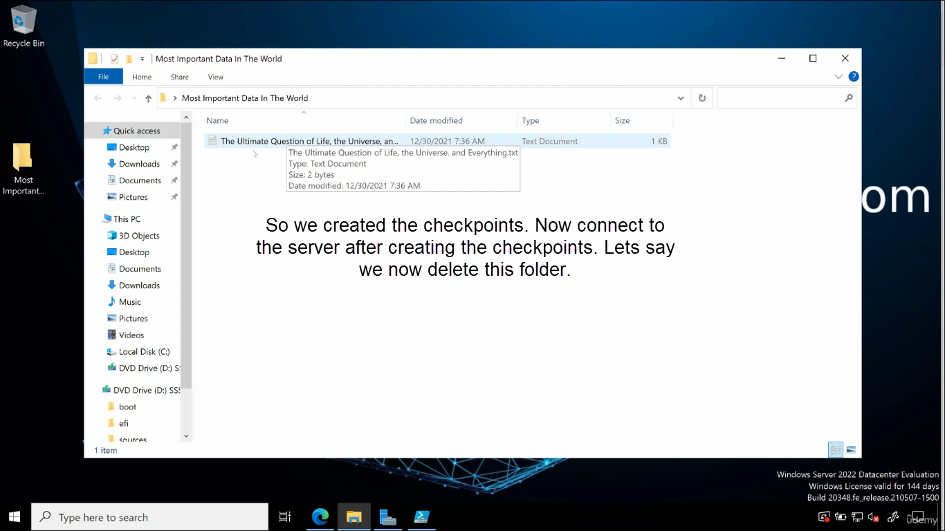 Inside the guest VM File Explorer Most Important Data folder before deletion