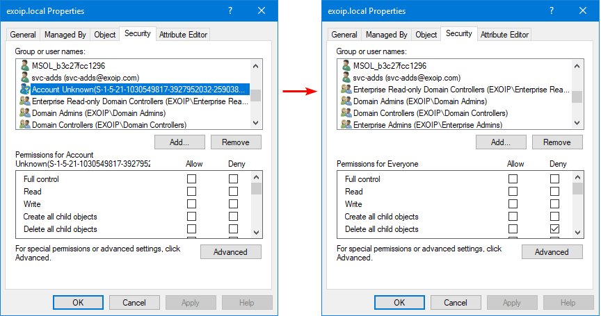 Security tab of an AD object showing entries before and after orphaned SIDs were removed