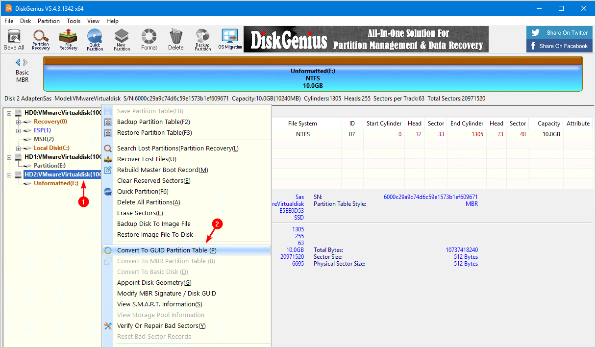 DiskGenius right-click menu on the second MBR disk